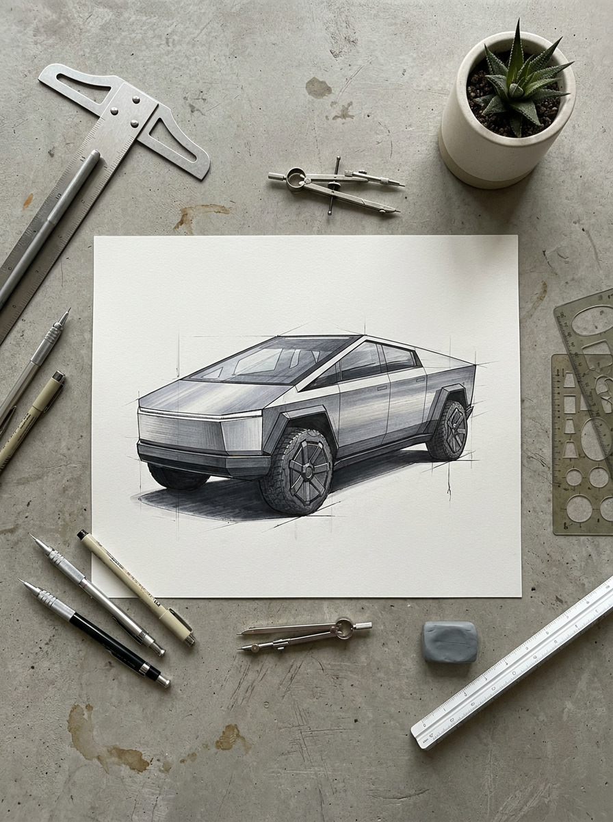 Finished Cybertruck illustration on a concrete desk with drafting tools