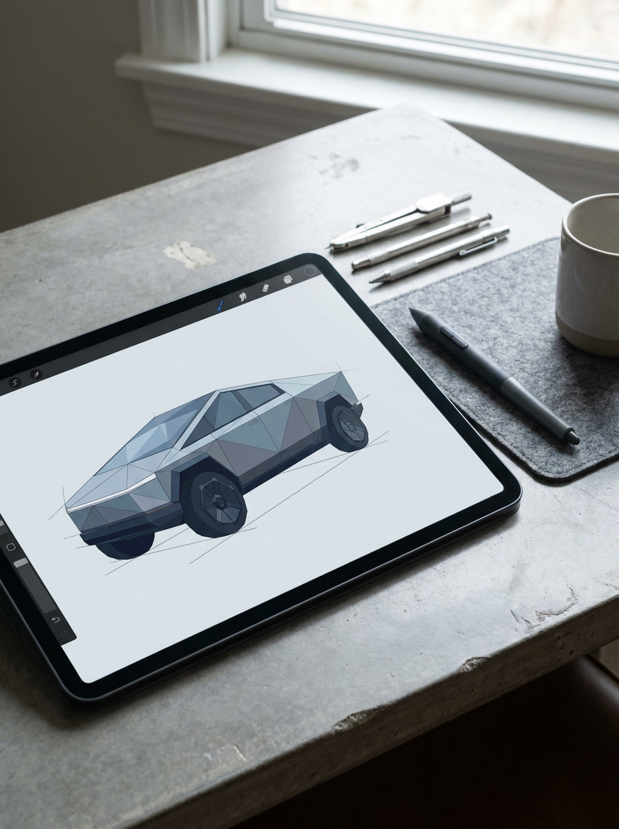 Flat-shaded Cybertruck illustration in progress on a drawing tablet