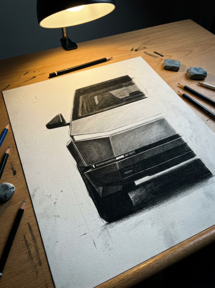 Graphite Cybertruck front fascia drawing with a straight light bar