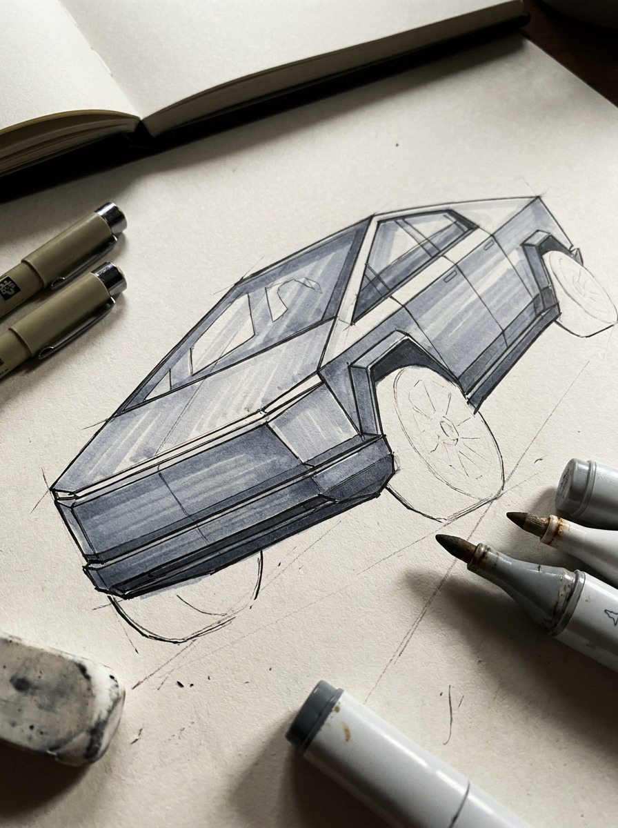Ink and cool-gray marker Cybertruck drawing showing panel gaps
