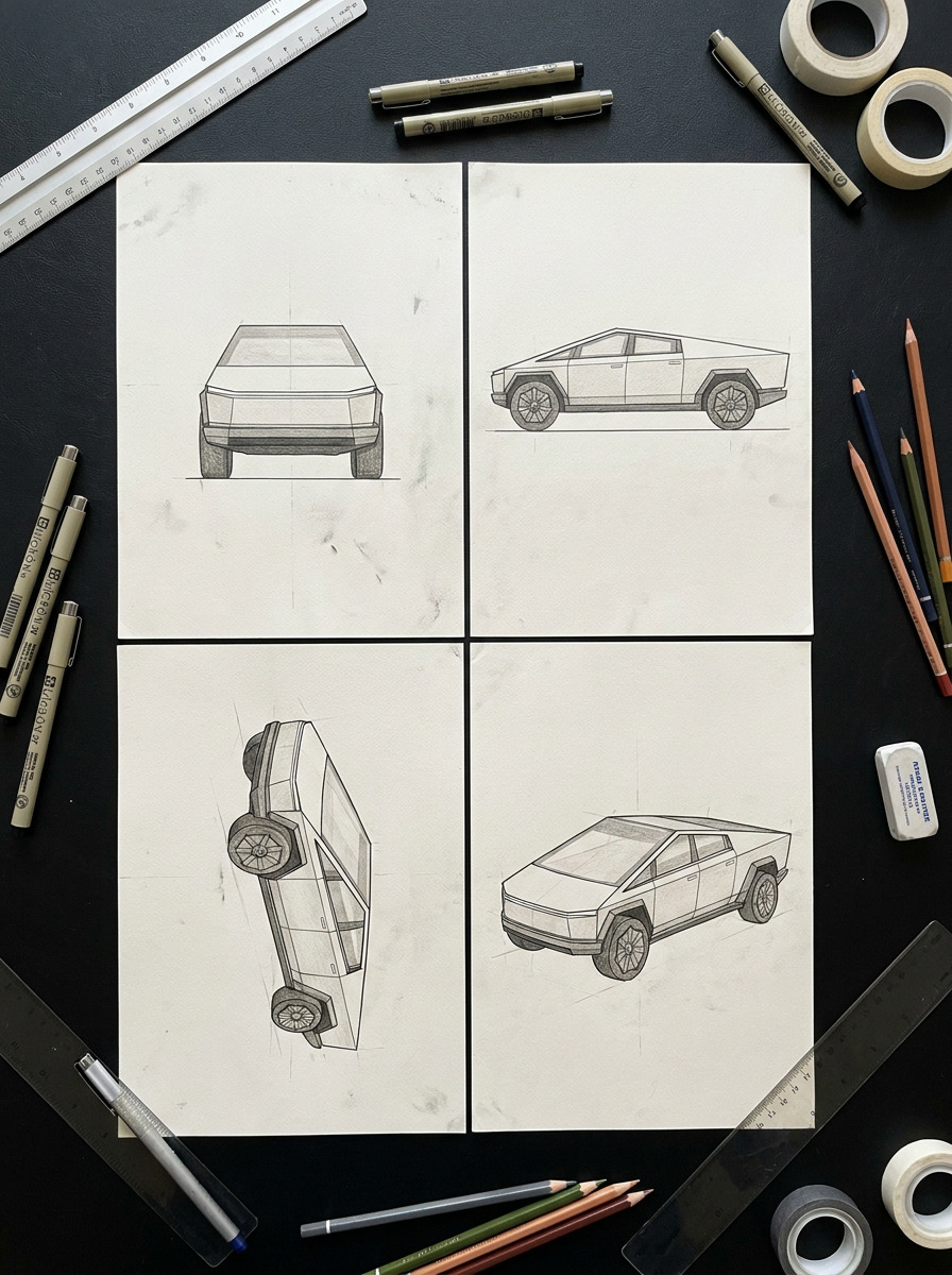 Cybertruck drawings from front, side, and three-quarter views