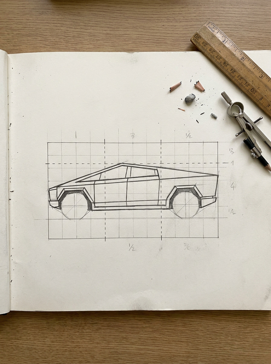 Cybertruck length-to-height proportion grid with drafting tools