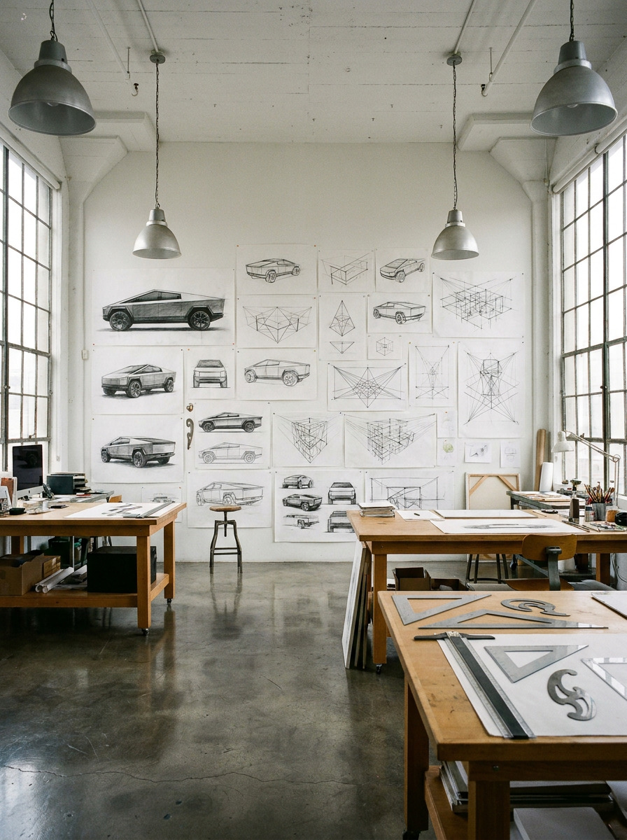 Cybertruck proportion and perspective studies pinned on a studio wall