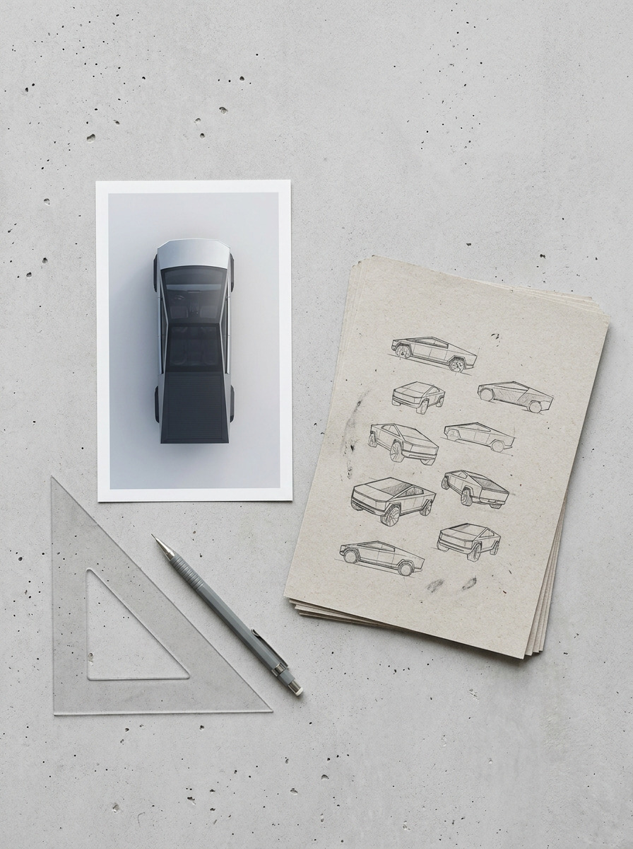 Cybertruck reference and angular thumbnail sketches on a concrete desk