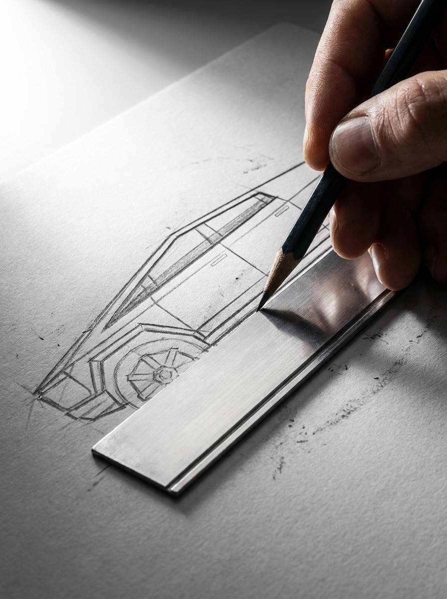 Artist drawing a straight crease on a Cybertruck side-profile sketch