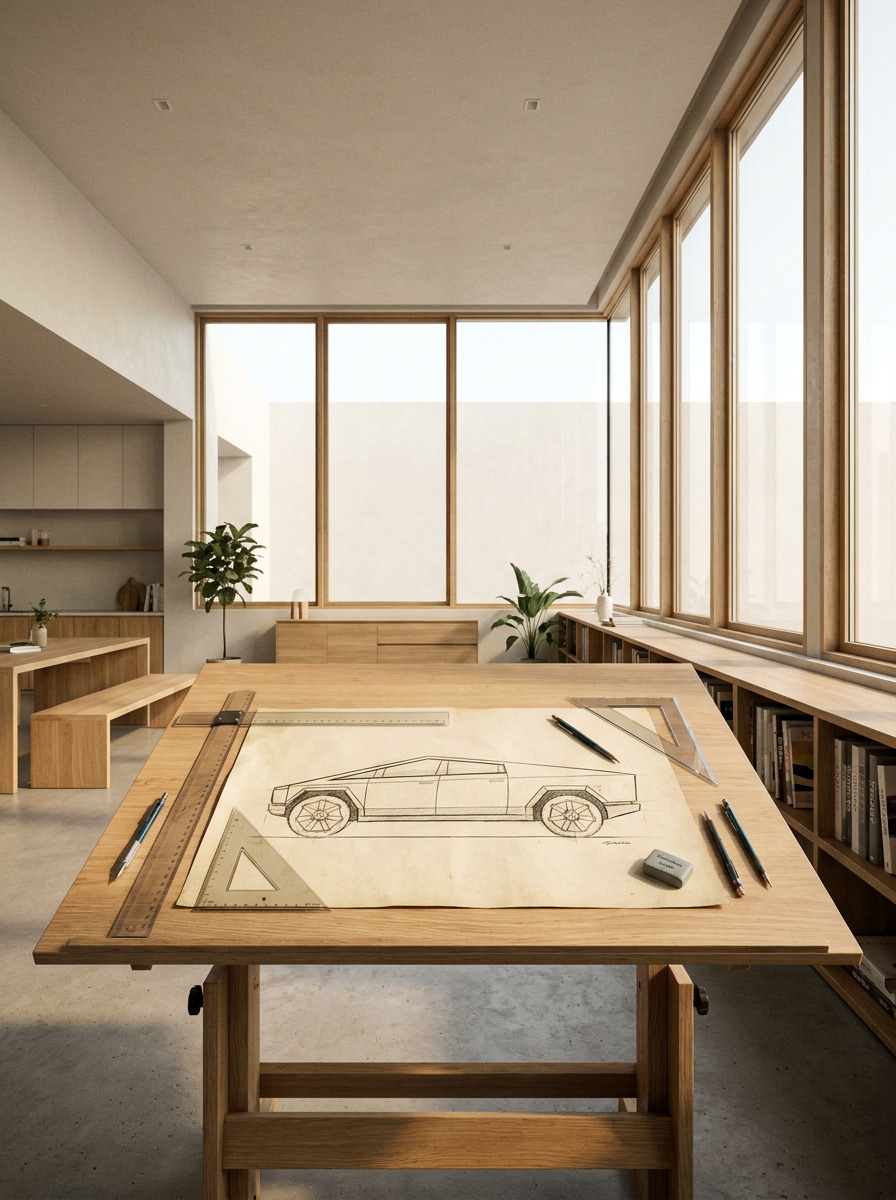Cybertruck side-view sketch on a drafting table in a design studio