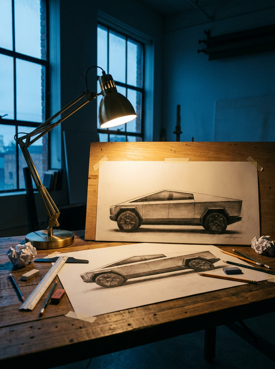 Cybertruck side-view drawing under a warm studio lamp