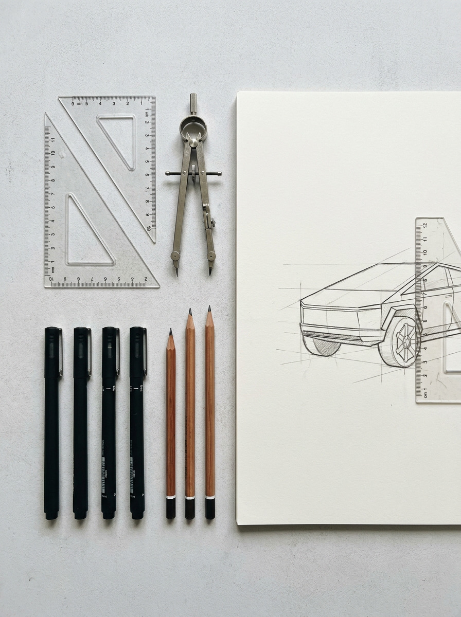 Drafting tools beside a partially finished Cybertruck sketch