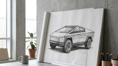 Three-quarter Cybertruck block-in sketch on a studio drafting desk