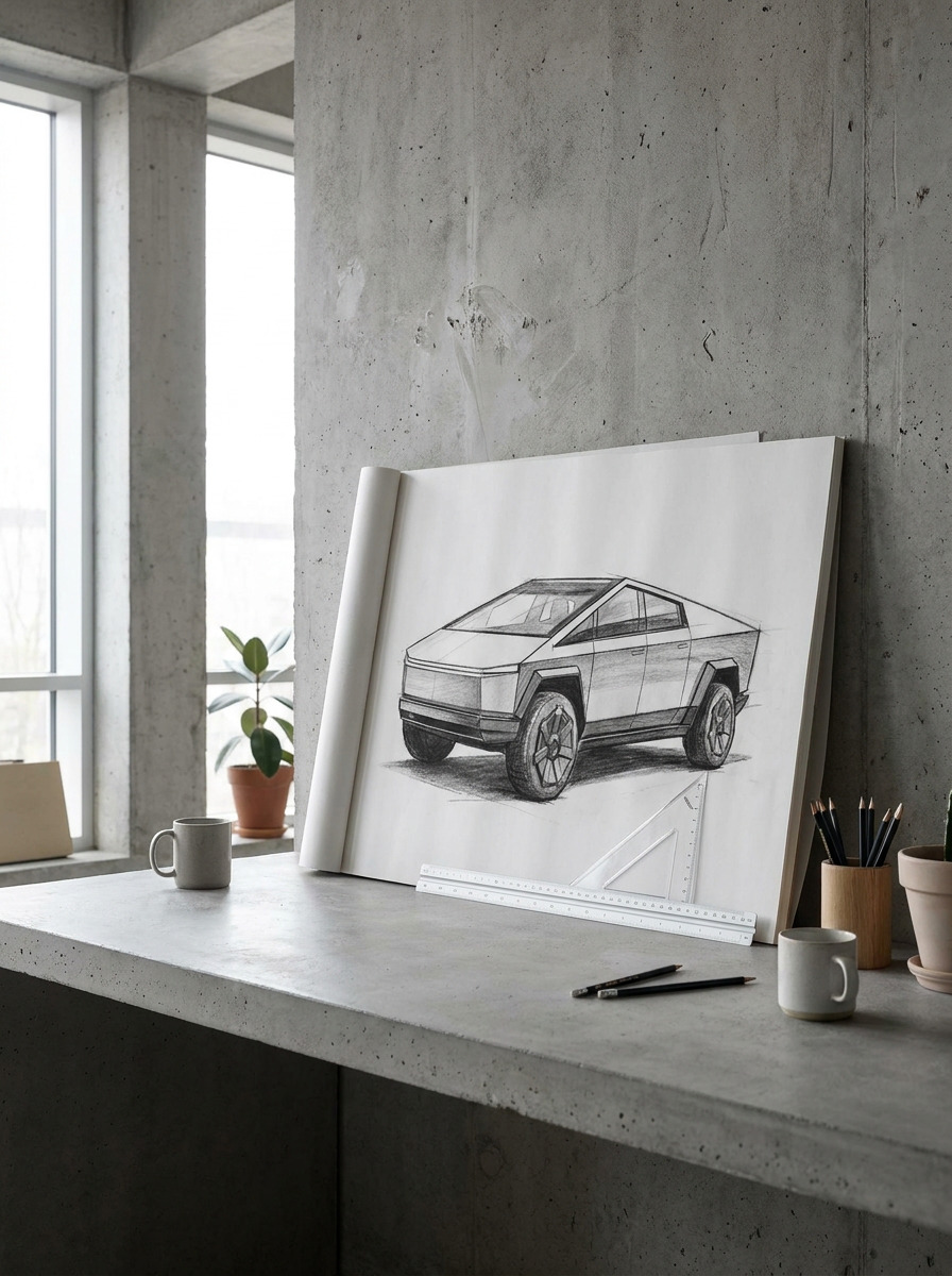 Three-quarter Cybertruck block-in sketch on a studio drafting desk