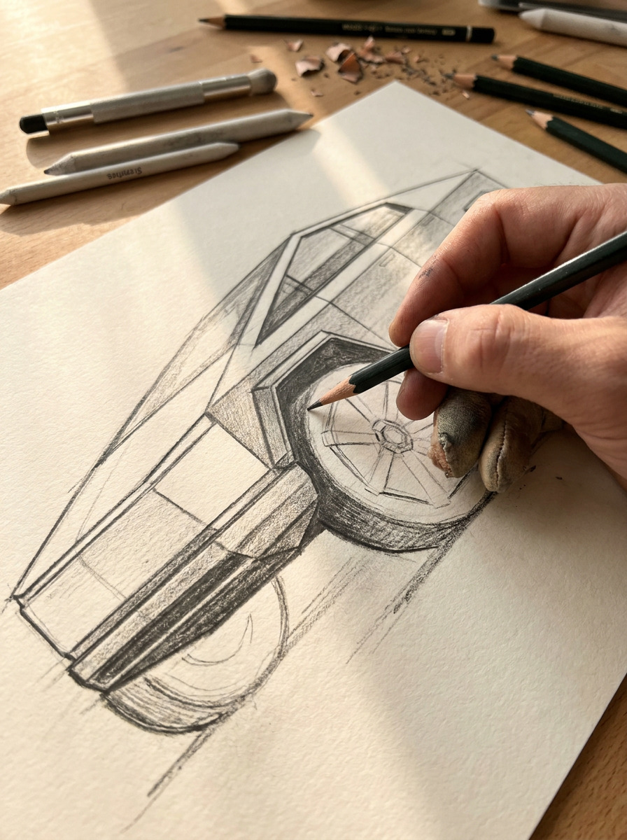 Graphite shading on a faceted Cybertruck wheel arch