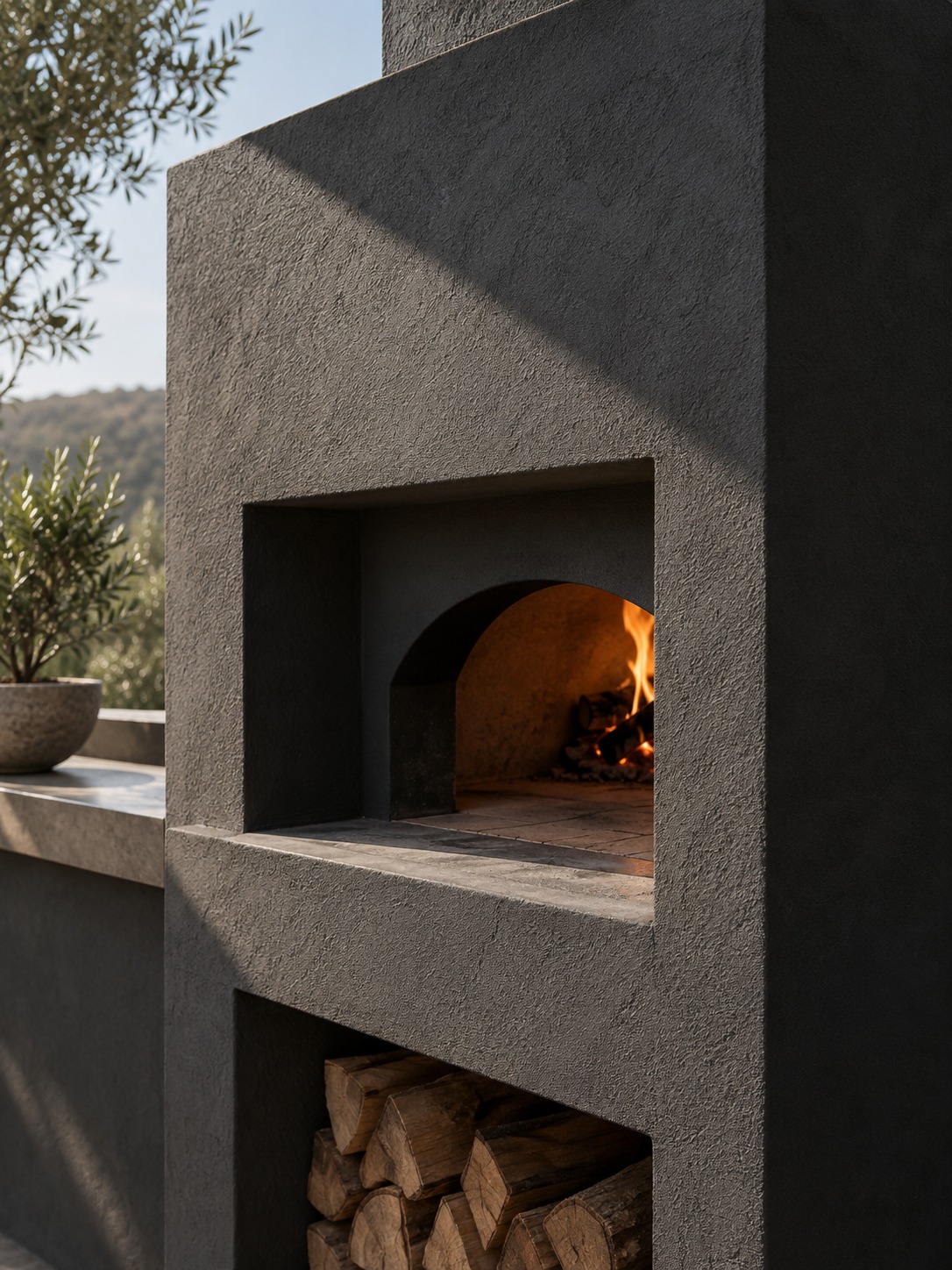 Dark stucco pizza oven square opening Square oven opening in a dark textured stucco enclosure | Sky Rye Design Square oven opening in a dark textured stucco enclosure