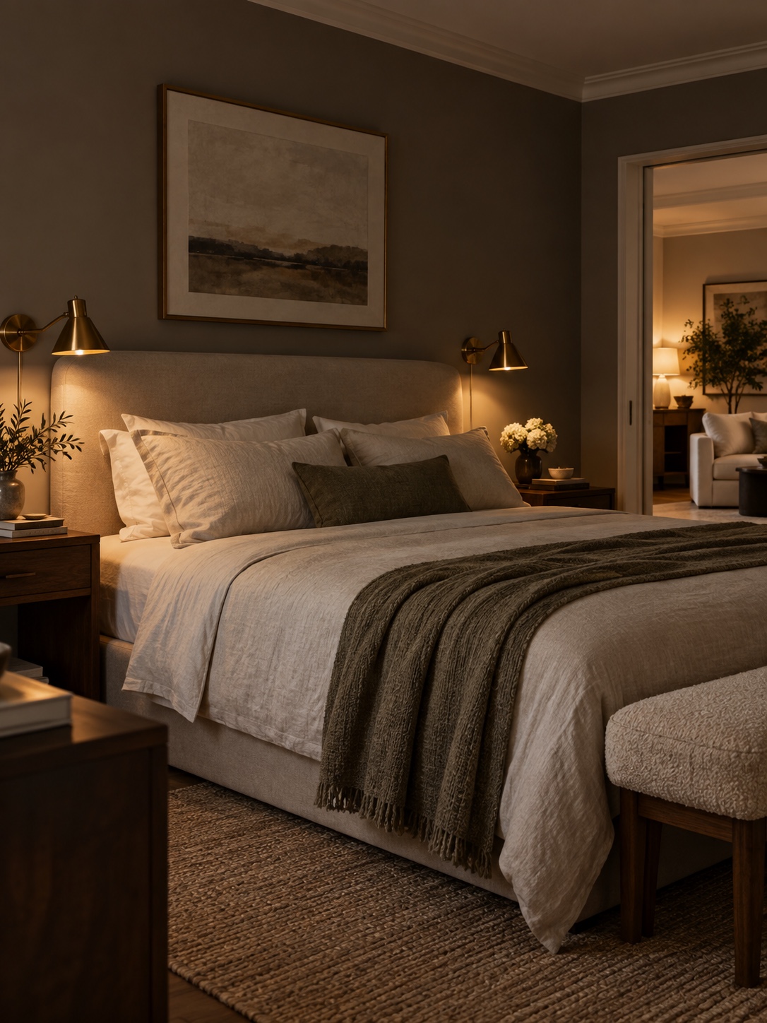 Deep greige bedroom walls Muted greige bedroom walls with white bedding and brass sconces | Sky Rye Design Muted greige bedroom walls with white bedding and brass sconces