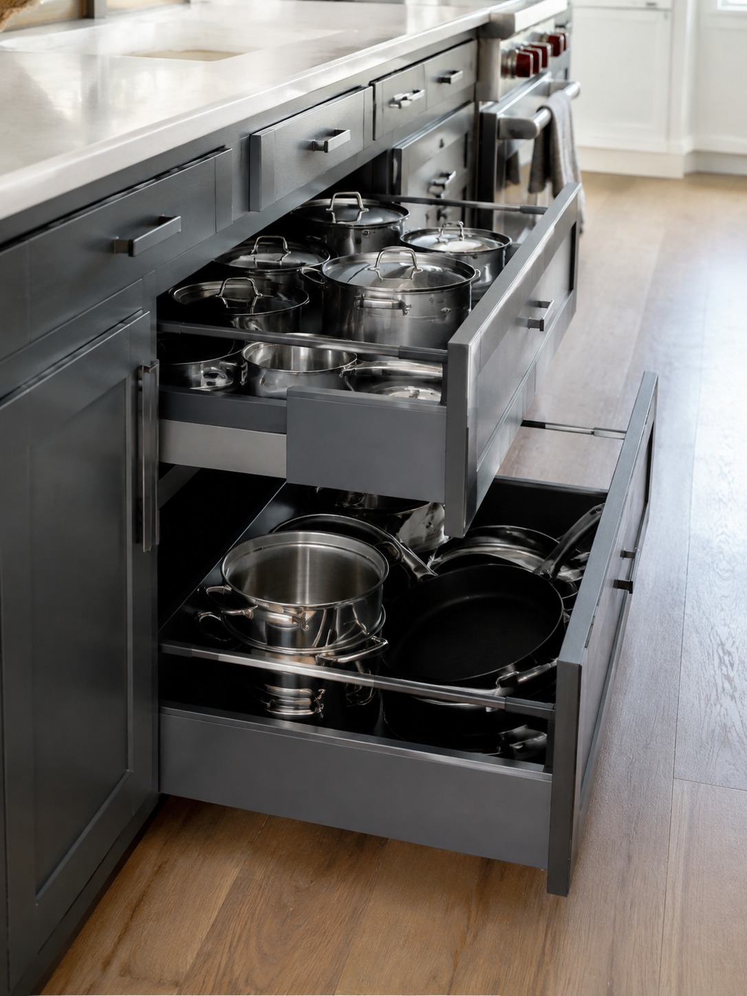 Deep pull-out kitchen drawers for cookware deep pull-out kitchen drawers organized with pots and pans | Sky Rye Design deep pull-out kitchen drawers organized with pots and pans