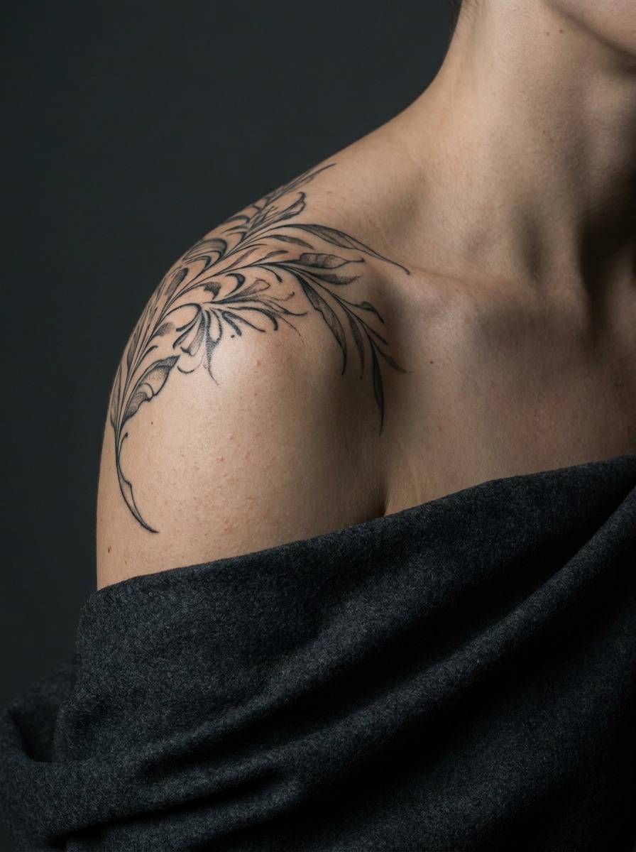 Bare shoulder and neckline emphasizing the rounded deltoid tattoo canvas