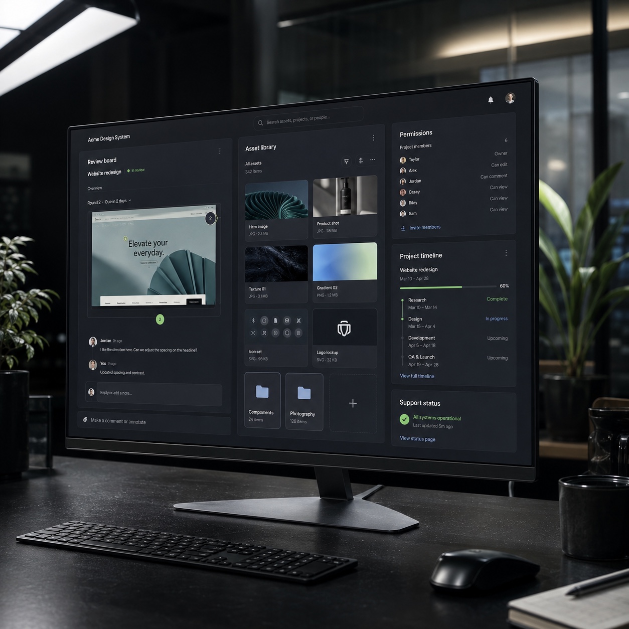 Monitor showing a design collaboration stack with review board, asset library, permissions, and support status.