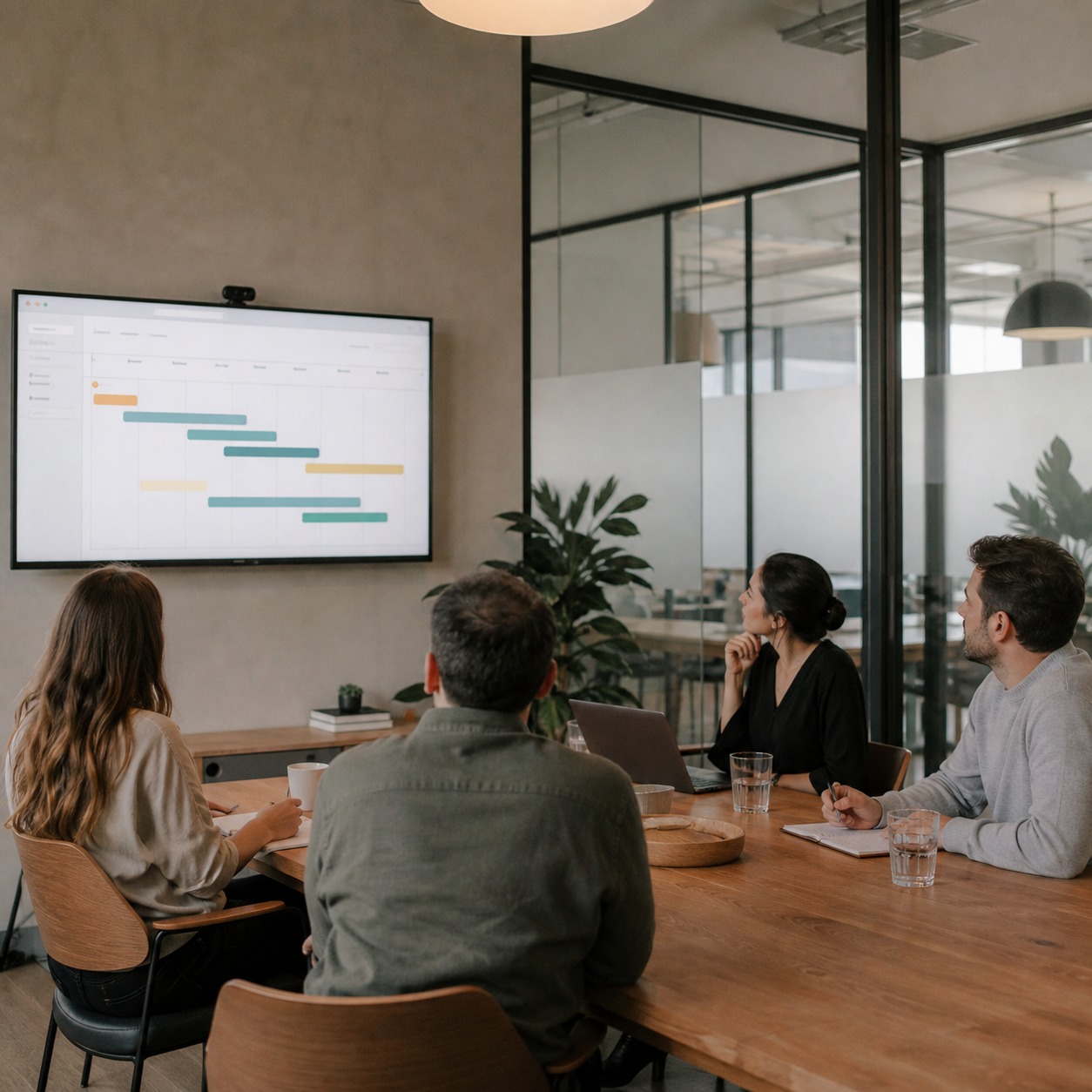 Glass-walled design studio meeting room with a project timeline dashboard