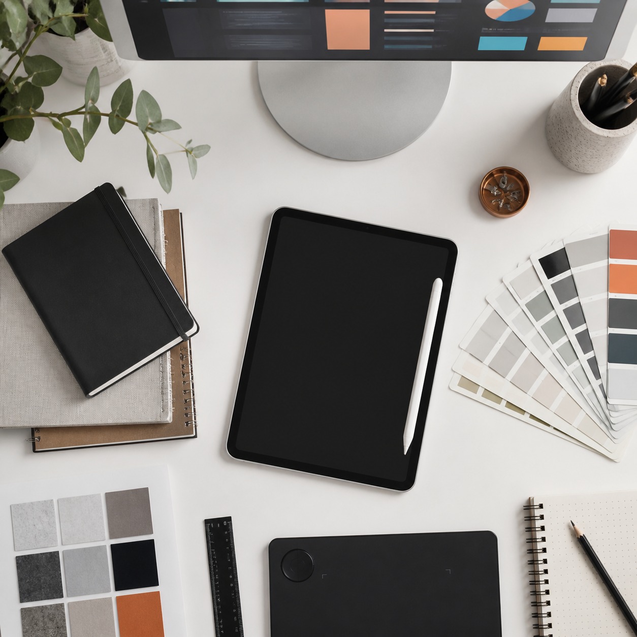 Top-down designer desk with tablet, color swatches, and a dashboard screen