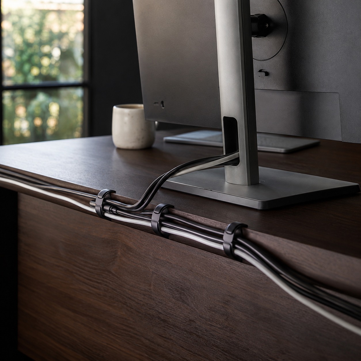 Desk cable management for a study zone Rear view of a computer monitor on a dark wood desk with cables neatly clipped to the edge using cable ties, mug in the background | Sky Rye Design Neatly clipped cords behind a monitor stand on a minimalist student desk.