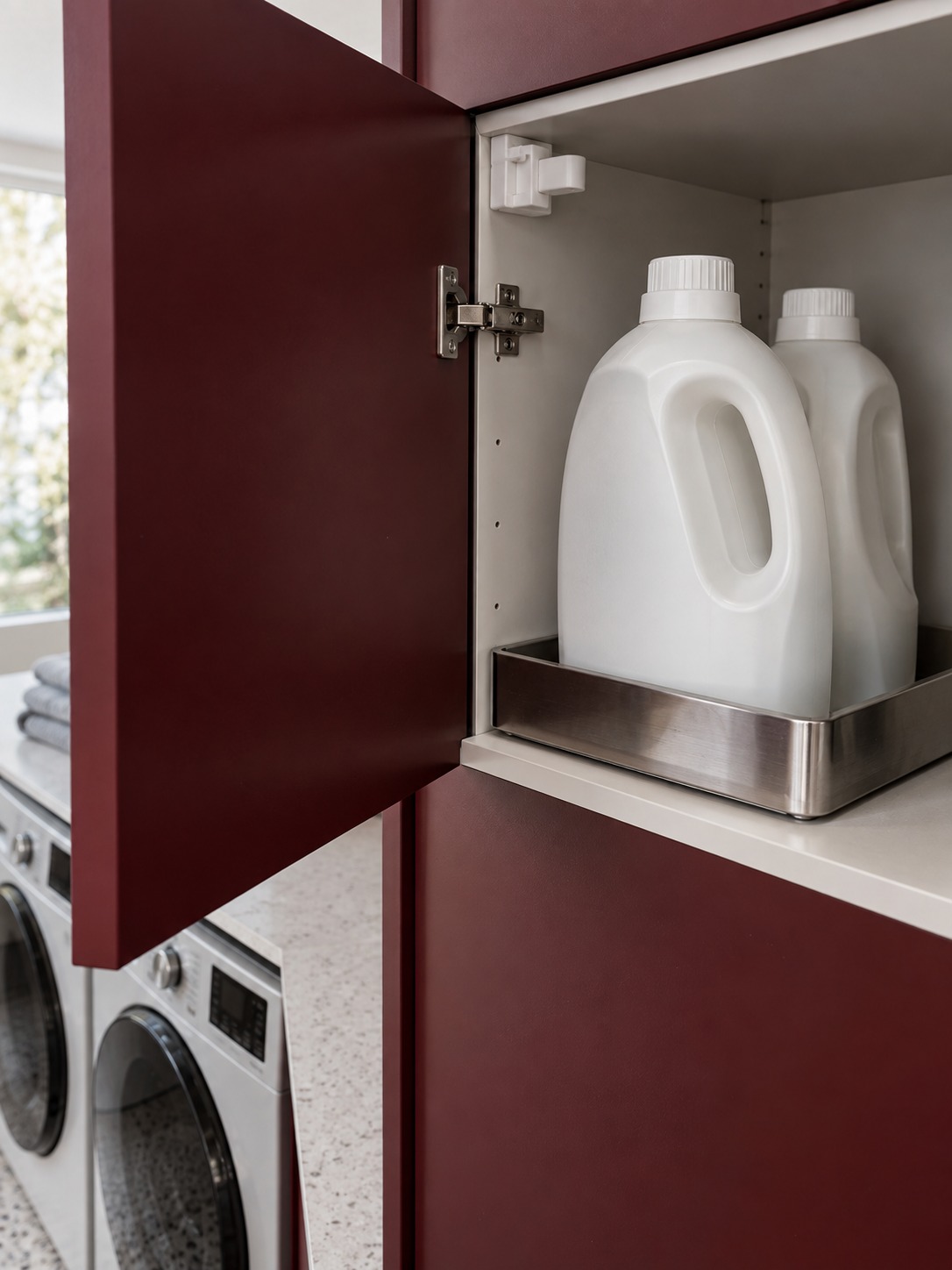 Secured detergent storage detail Closed detergent bottles in a spill tray inside a latched burgundy cabinet | Sky Rye Design Closed detergent bottles in a spill tray inside a latched burgundy cabinet