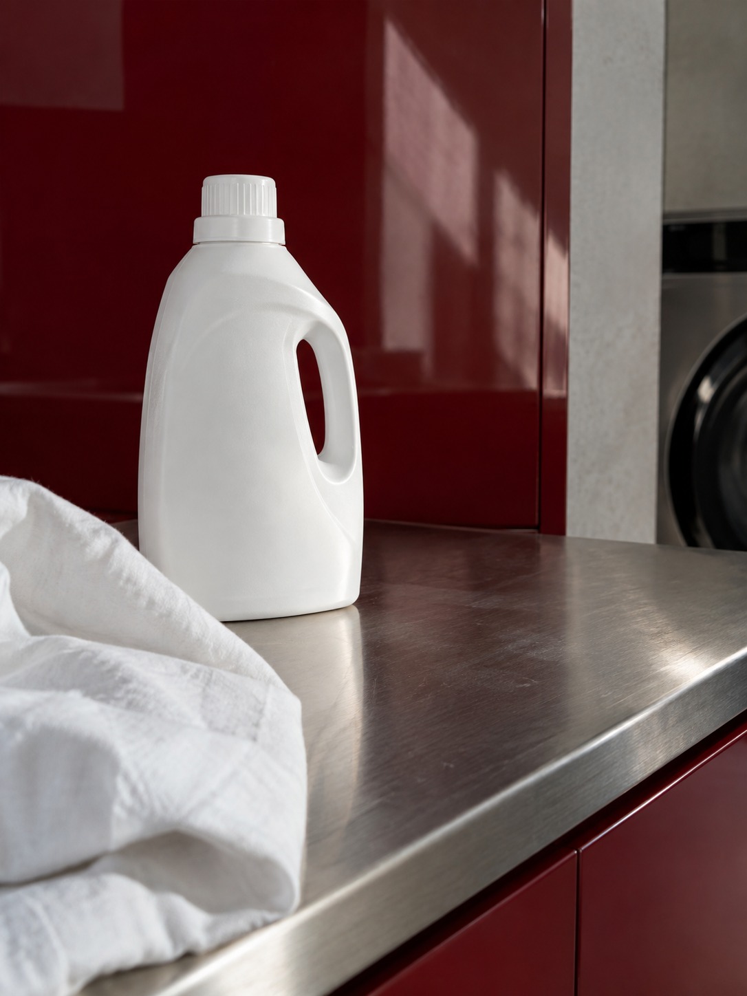Detergent and clean linen still life Opaque detergent bottle and folded white linen on a stainless-steel counter | Sky Rye Design Opaque detergent bottle and folded white linen on a stainless-steel counter