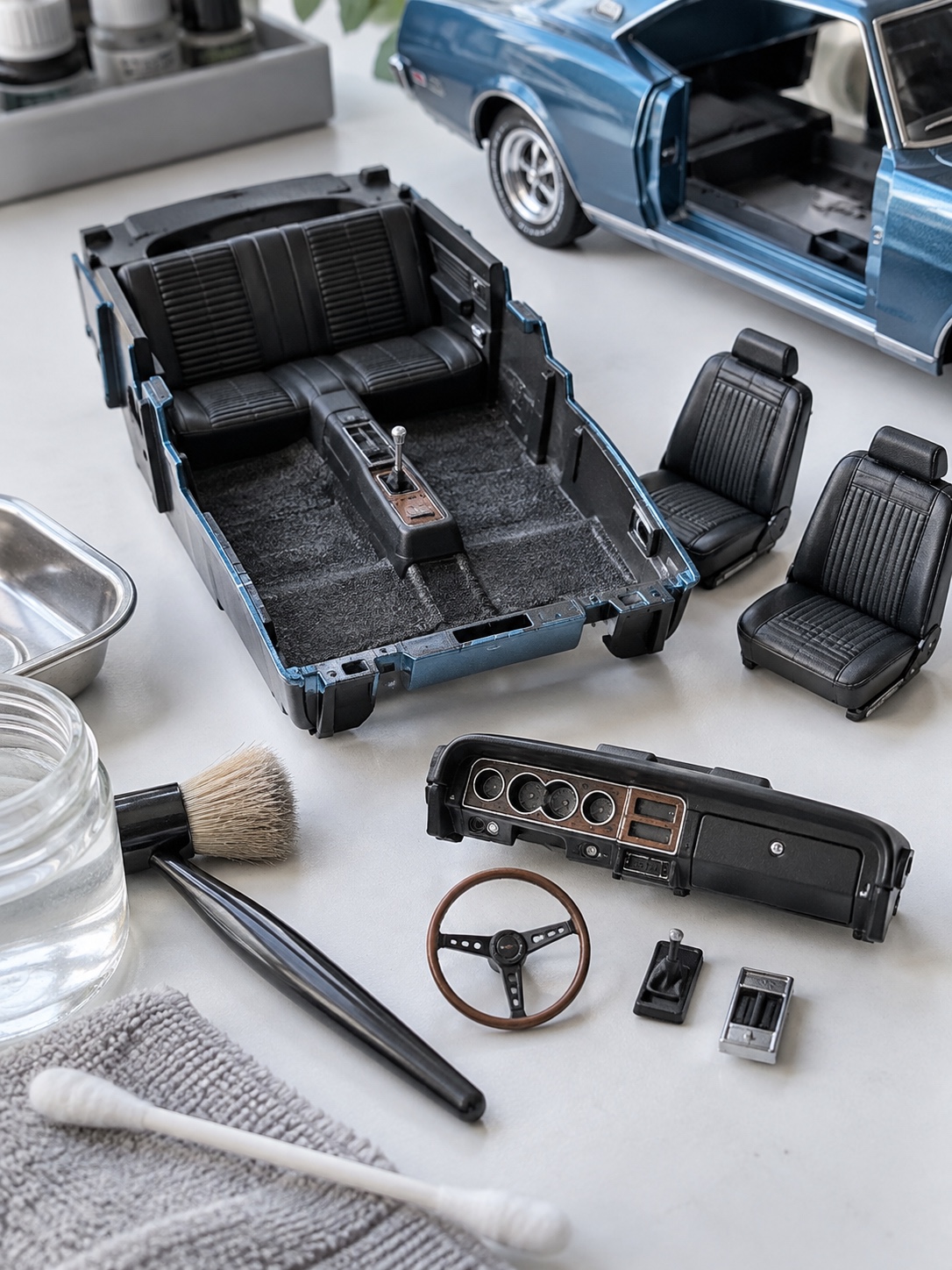 Diecast model car interior restoration Disassembled toy car interior with seats, dashboard, steering wheel, and gear lever on a worktable, tools and model car body nearby | Sky Rye Design Partially disassembled diecast model car interior with cleaning tools