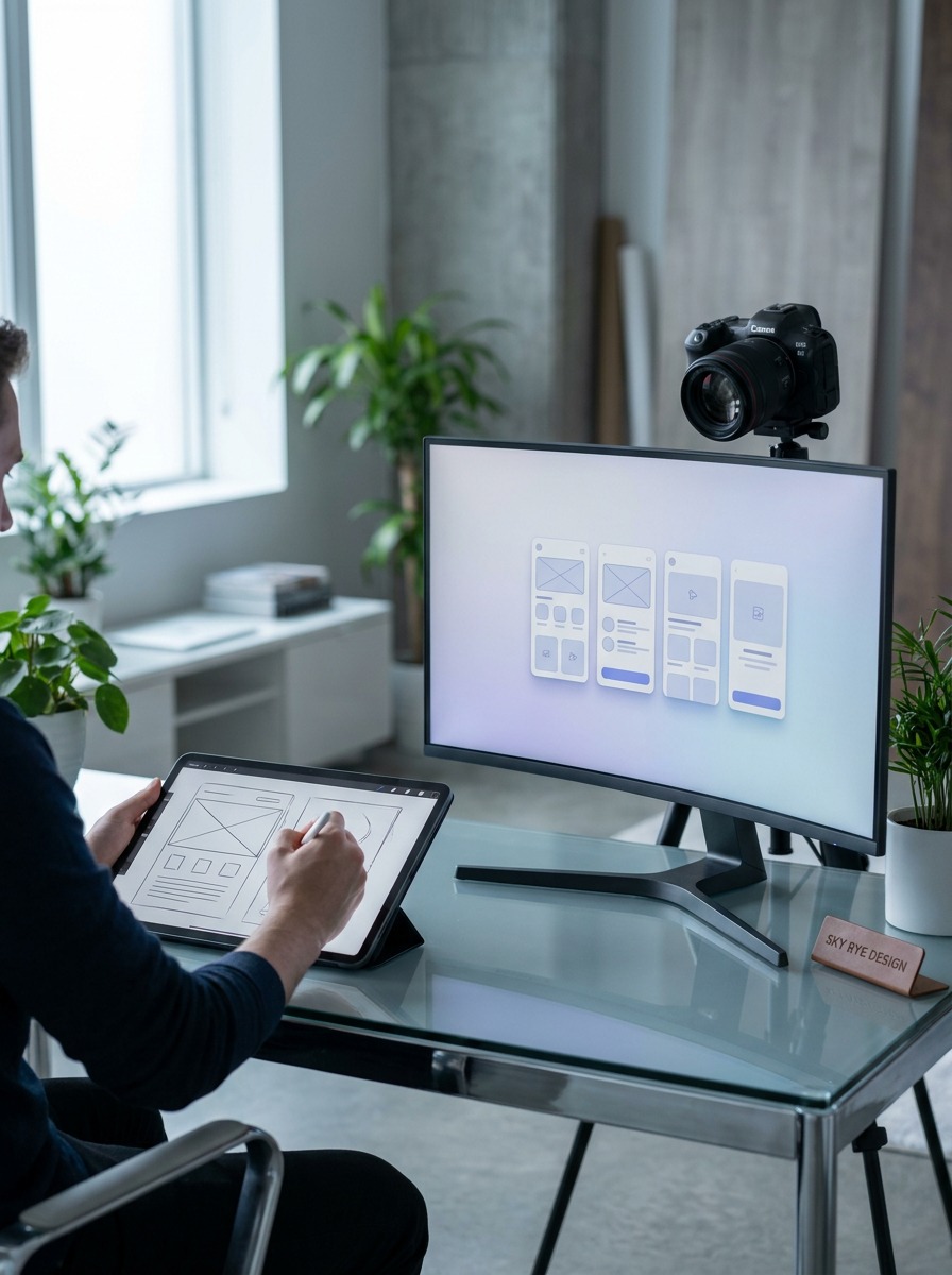 AI-Assisted Layout Exploration Designer sketching on a tablet while AI-generated UI variations fill a monitor. | Sky Rye Design Designer sketching on a tablet while AI-generated UI variations fill a monitor.