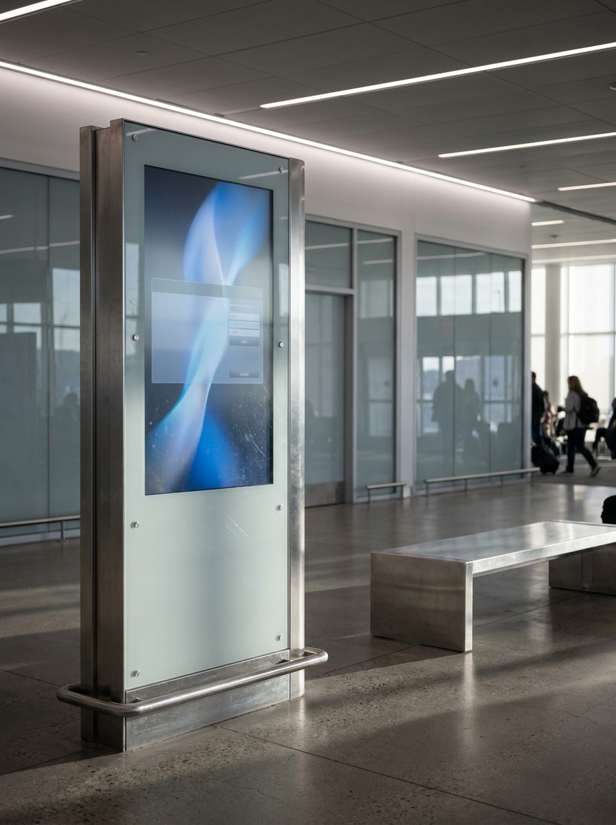Airport Digital Kiosk Digital self-service kiosk in a modern airport terminal. | Sky Rye Design Digital self-service kiosk in a modern airport terminal.