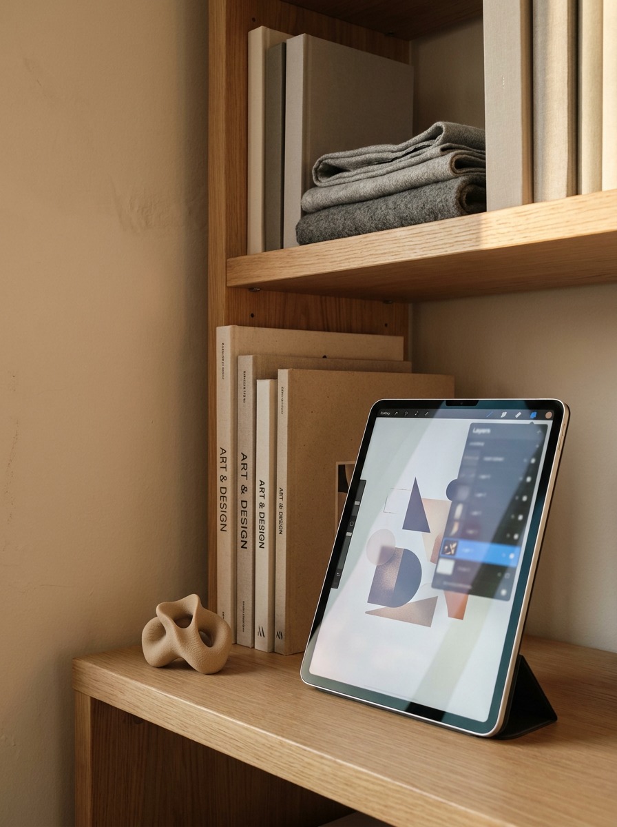 Designers Bookshelf and Digital Tools Studio bookshelf with design books, a jewelry model, and a tablet illustration. | Sky Rye Design Studio bookshelf with design books, a jewelry model, and a tablet illustration.
