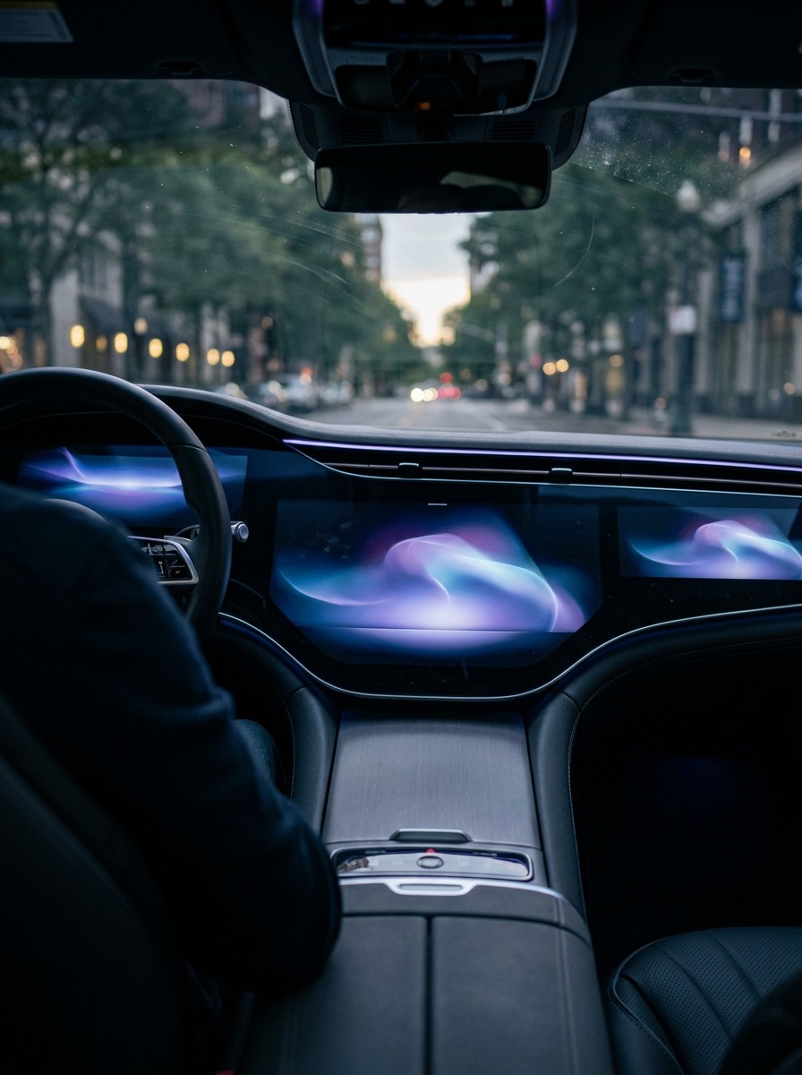Automotive Digital Dashboard Interface Modern electric car interior with a glowing digital dashboard interface. | Sky Rye Design Modern electric car interior with a glowing digital dashboard interface.