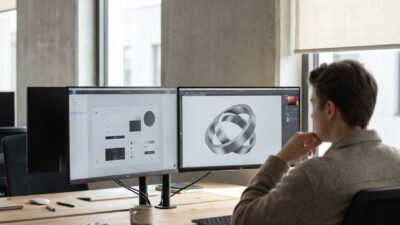 Designer's dual-monitor studio showing a UI mockup and a 3D jewelry render.