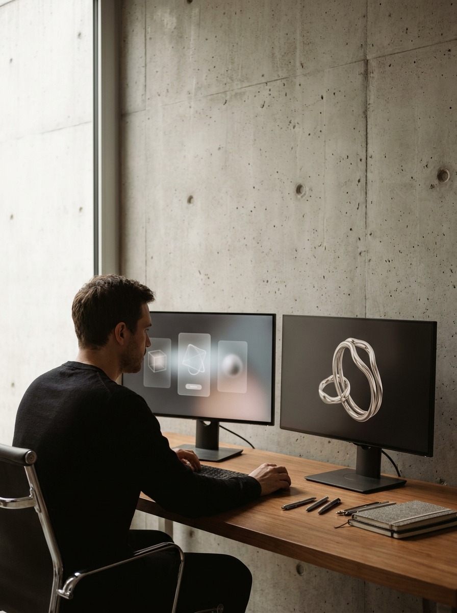 Digital Design Dual-Monitor Workspace Modern design workspace with a UI mockup and jewelry CAD render on two monitors. | Sky Rye Design Modern design workspace with a UI mockup and jewelry CAD render on two monitors.