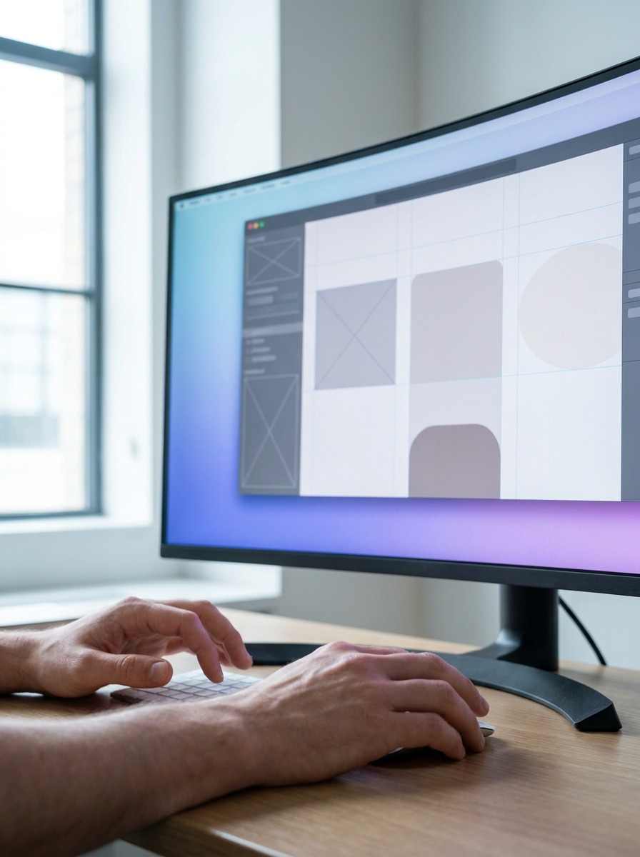 Editing a UI Layout Designer adjusting a UI layout on a large studio monitor. | Sky Rye Design Designer adjusting a UI layout on a large studio monitor.