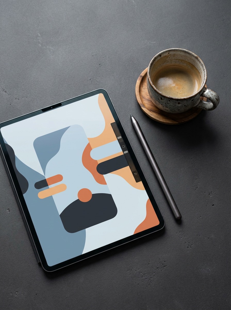 Digital Illustration Workspace Tablet with a digital illustration, stylus, and coffee on a studio desk. | Sky Rye Design Tablet with a digital illustration, stylus, and coffee on a studio desk.