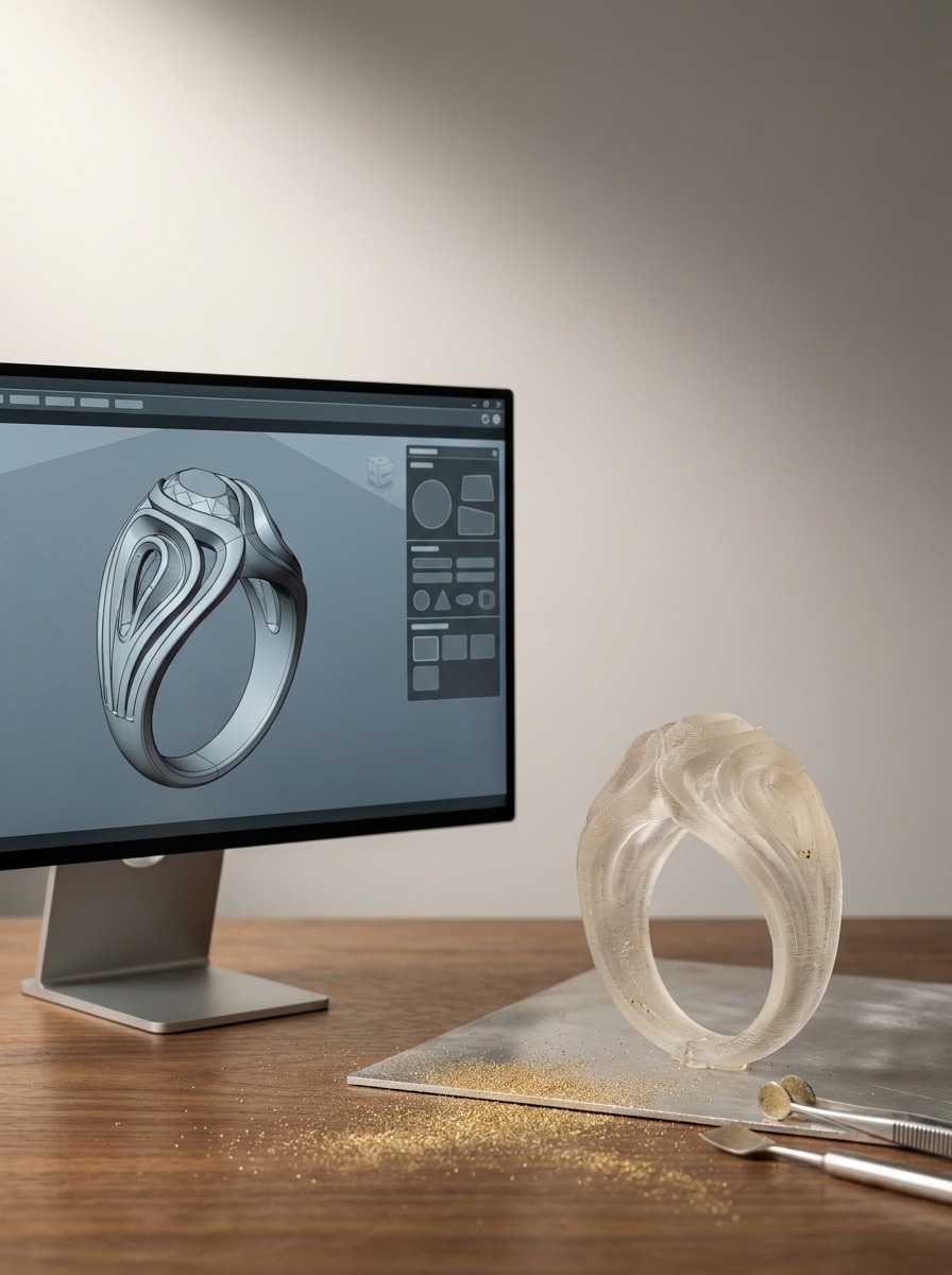 Jewelry CAD and Physical Prototype Jewelry CAD render displayed beside a 3D-printed ring prototype. | Sky Rye Design Jewelry CAD render displayed beside a 3D-printed ring prototype.