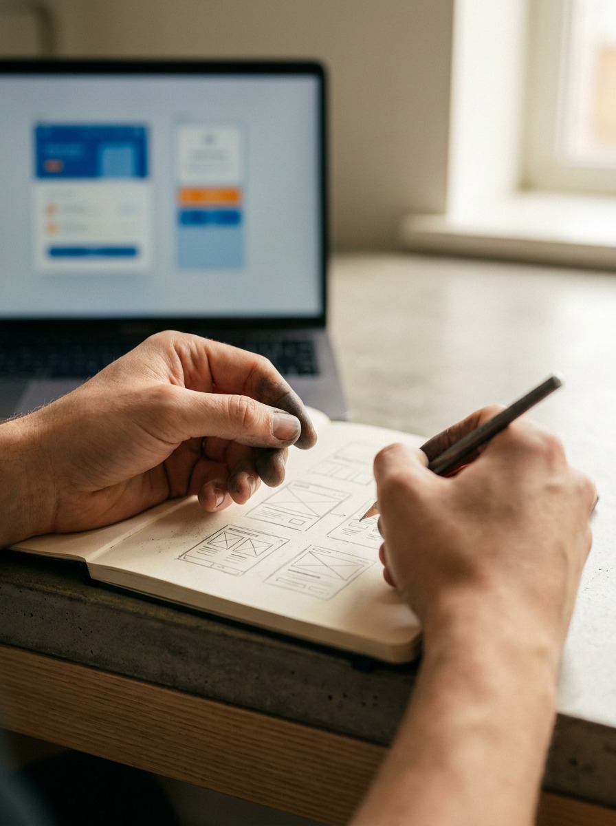 Pencil Wireframe Sketching Hands sketching interface wireframes in pencil beside a laptop. | Sky Rye Design Hands sketching interface wireframes in pencil beside a laptop.
