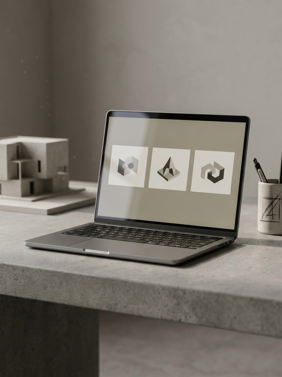 Digital Design Portfolio Laptop displaying a clean portfolio grid on a minimalist studio desk. | Sky Rye Design Laptop displaying a clean portfolio grid on a minimalist studio desk.