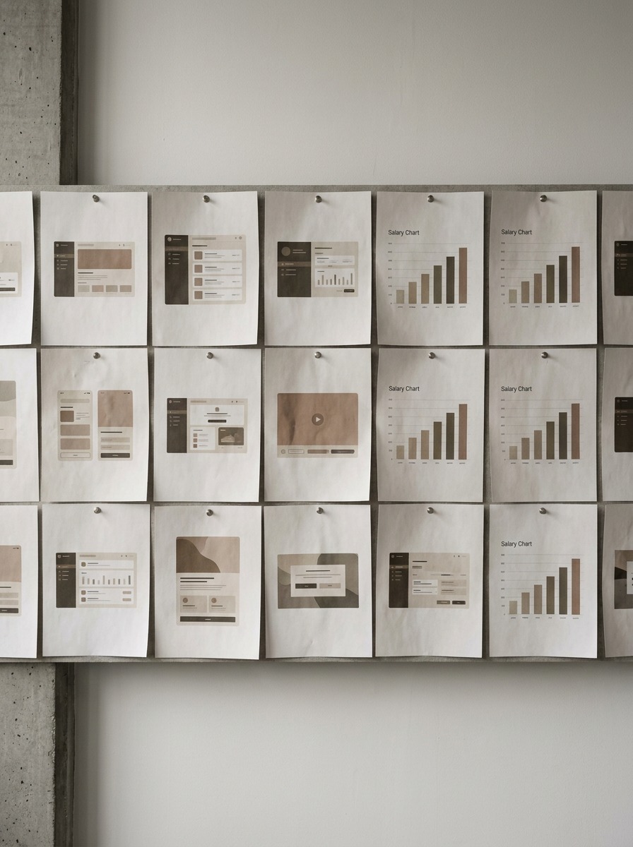 Digital Design Salary Research Wall Studio wall with interface screens and salary chart printouts. | Sky Rye Design Studio wall with interface screens and salary chart printouts.