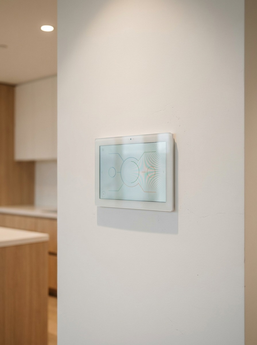 Smart Home Touchscreen Smart home touchscreen mounted on a minimalist kitchen wall. | Sky Rye Design Smart home touchscreen mounted on a minimalist kitchen wall.