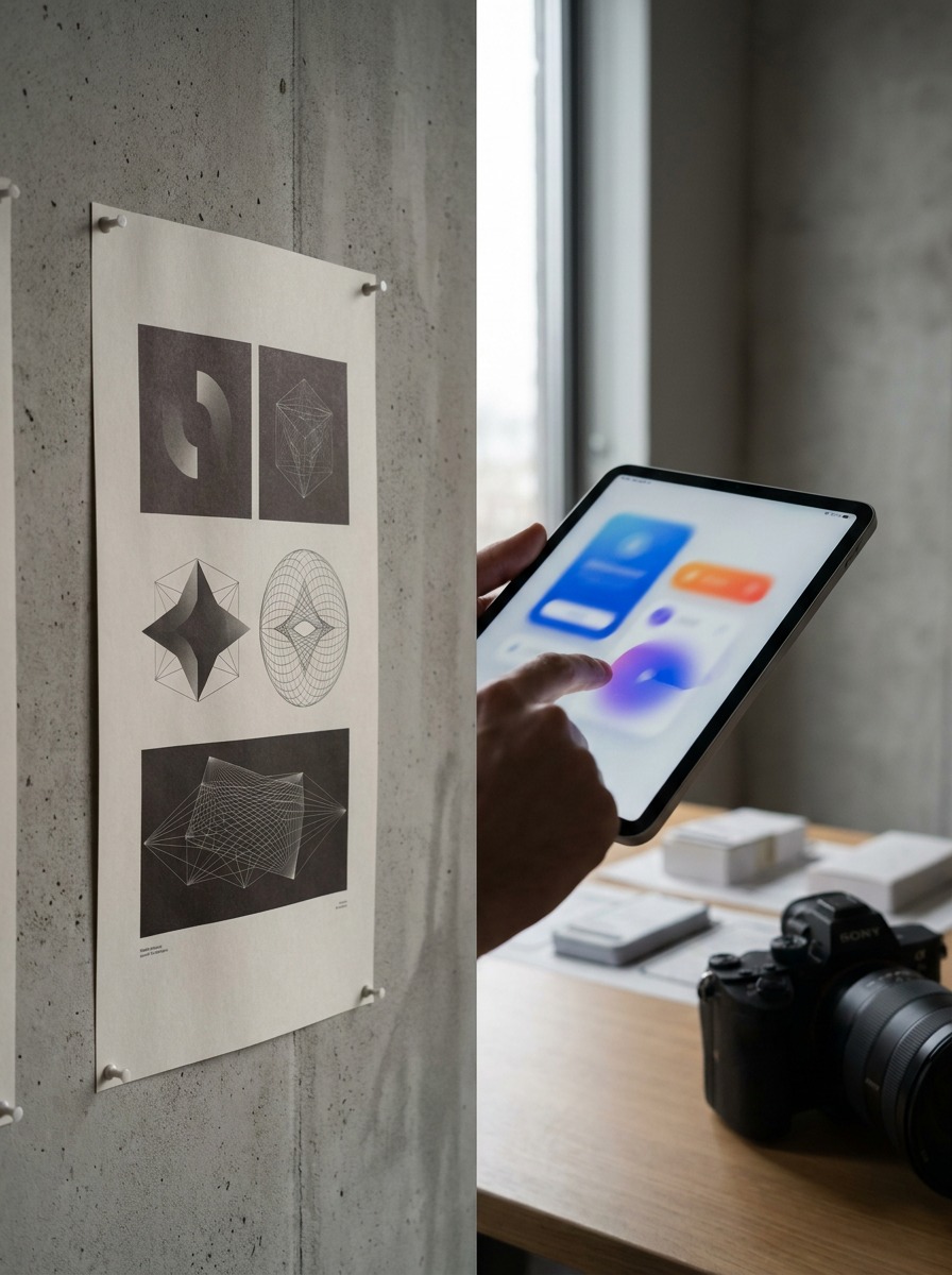 Static vs Interactive Design Printed poster beside a tablet showing an interactive app screen. | Sky Rye Design Printed poster beside a tablet showing an interactive app screen.