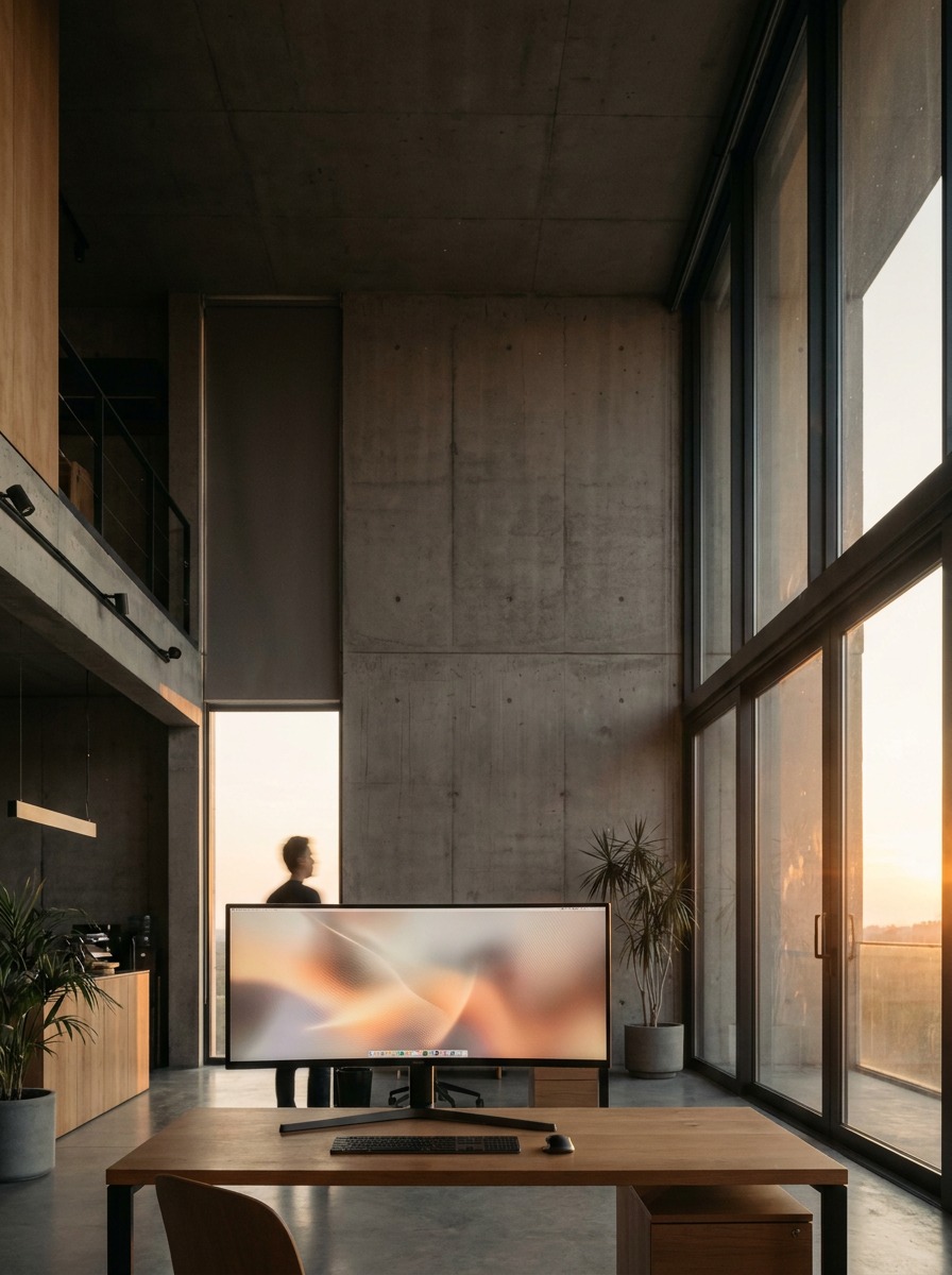 Digital Design Studio at Golden Hour Quiet modern design studio with a softly glowing monitor at golden hour. | Sky Rye Design Quiet modern design studio with a softly glowing monitor at golden hour.