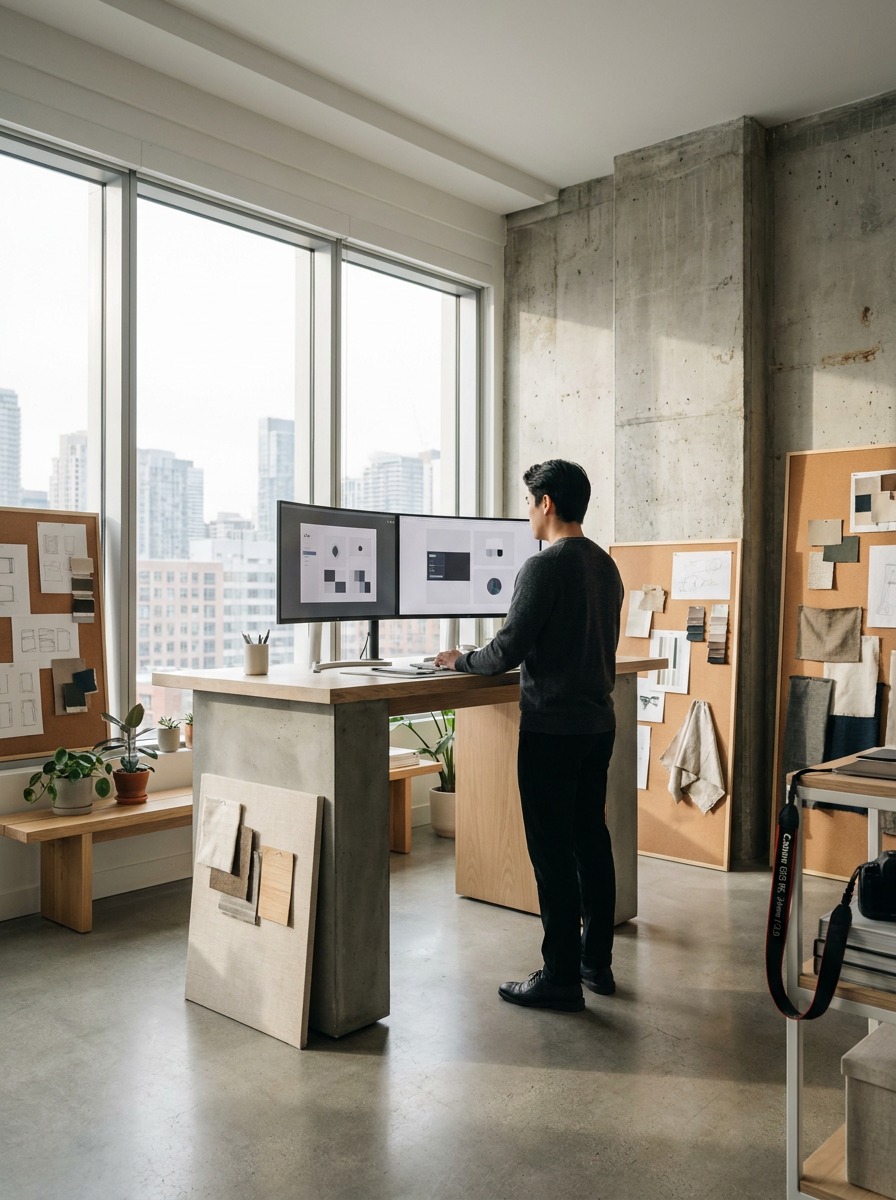 Modern Digital Design Studio Wide modern design studio with a designer working at a standing desk. | Sky Rye Design Wide modern design studio with a designer working at a standing desk.