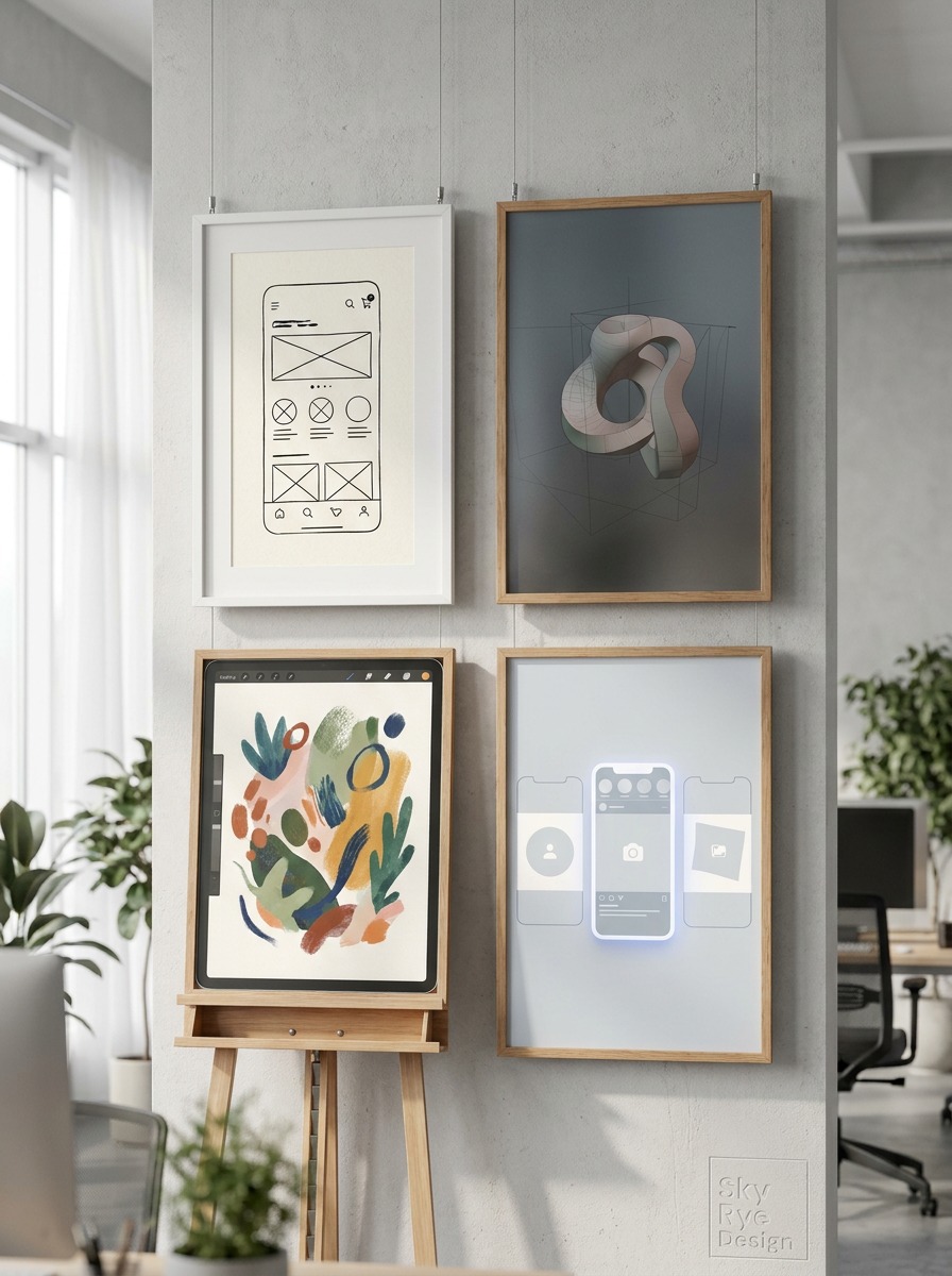 Main Types of Digital Design Studio display showing UI, 3D, illustration, and social design examples. | Sky Rye Design Studio display showing UI, 3D, illustration, and social design examples.