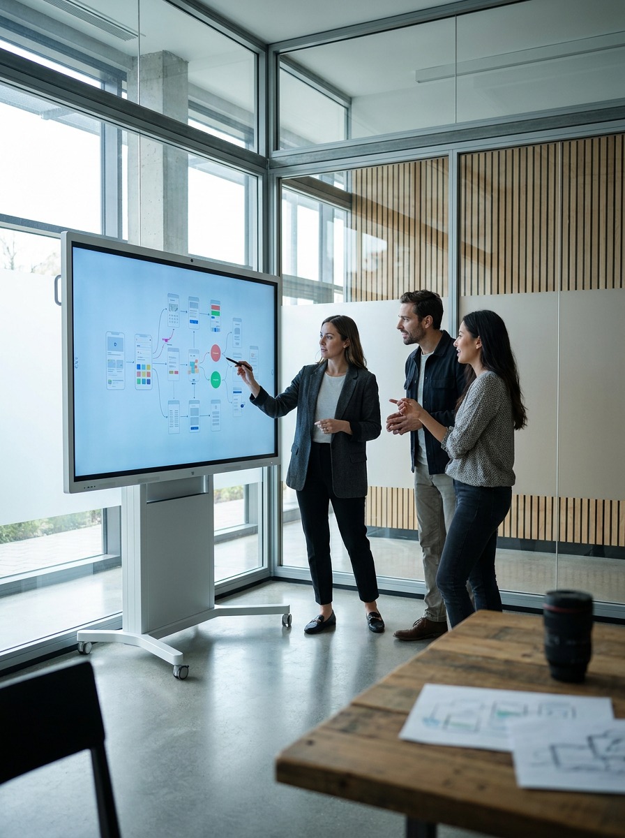 Presenting a UI Flow Designer presenting a UI flow diagram to two colleagues. | Sky Rye Design Designer presenting a UI flow diagram to two colleagues.