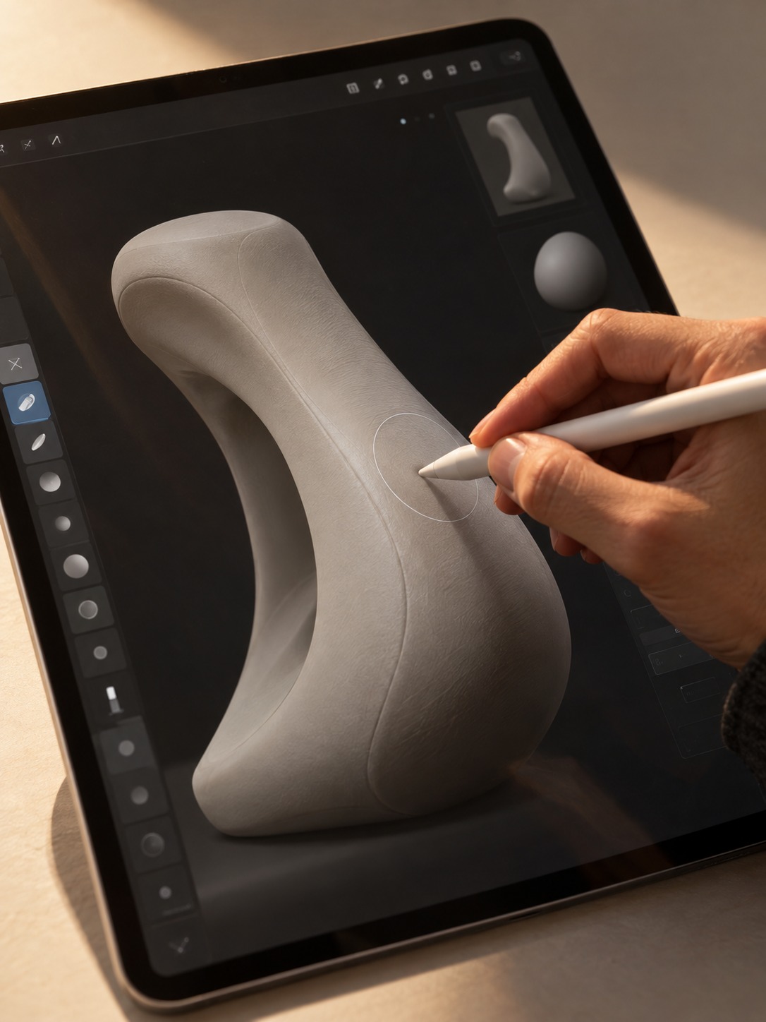 Digital sculpting of an organic product form on iPad Organic product form being shaped in a digital sculpting app on an iPad | Sky Rye Design Organic product form being shaped in a digital sculpting app on an iPad