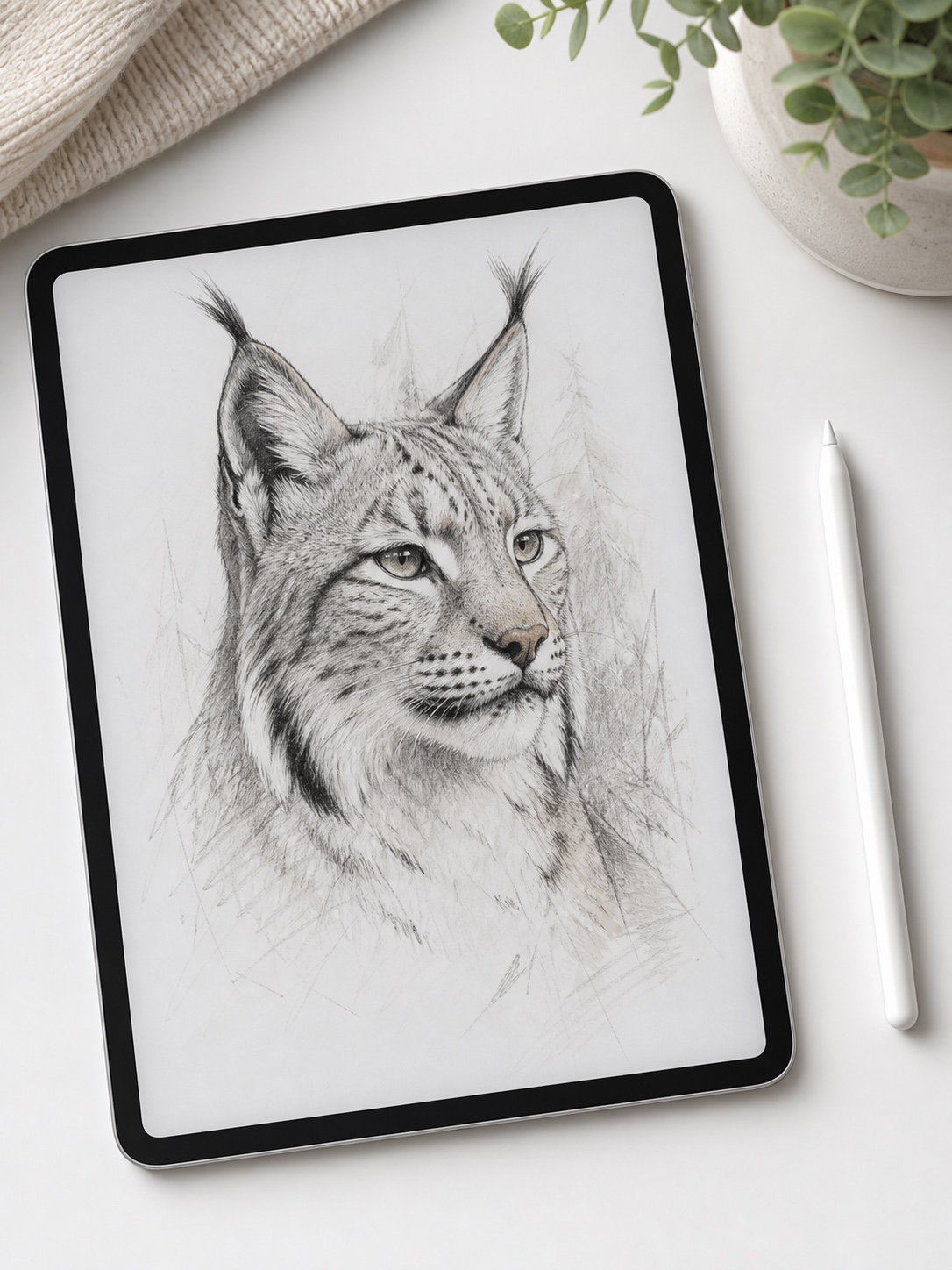 Digital drawing tablet on a clean desk displaying a lynx sketch mid-render with a stylus nearby.