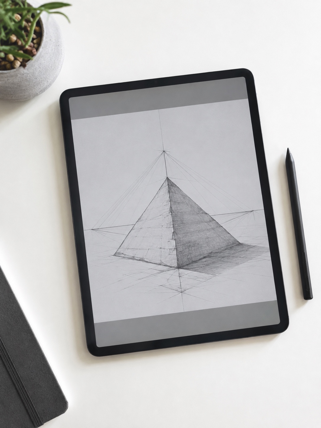 Digital Tablet Pyramid Perspective Render Digital drawing tablet showing a pyramid perspective construction render. | Sky Rye Design Digital drawing tablet showing a pyramid perspective construction render.