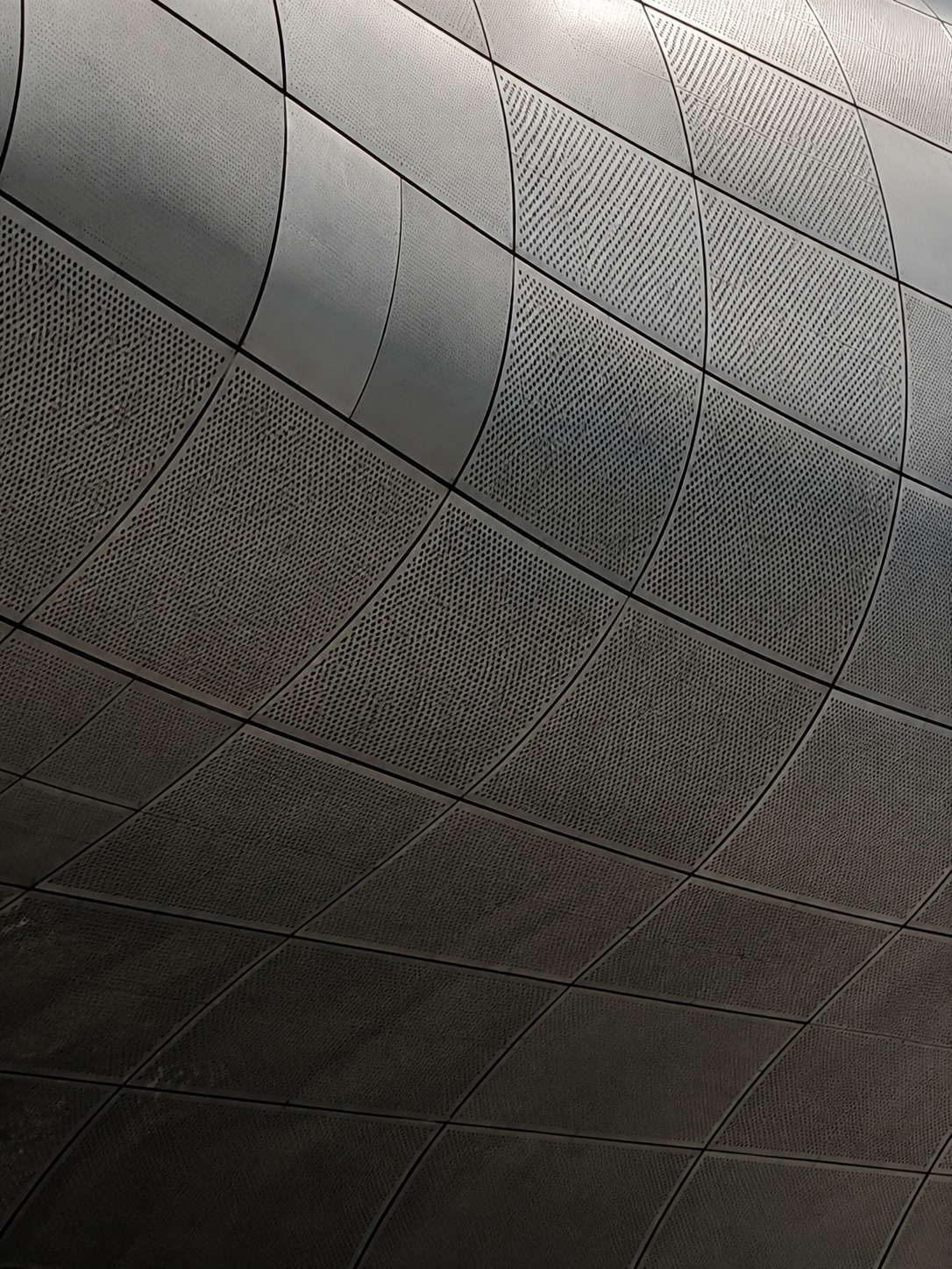 Close-up of Dongdaemun Design Plaza metal cladding panels and curved seams.