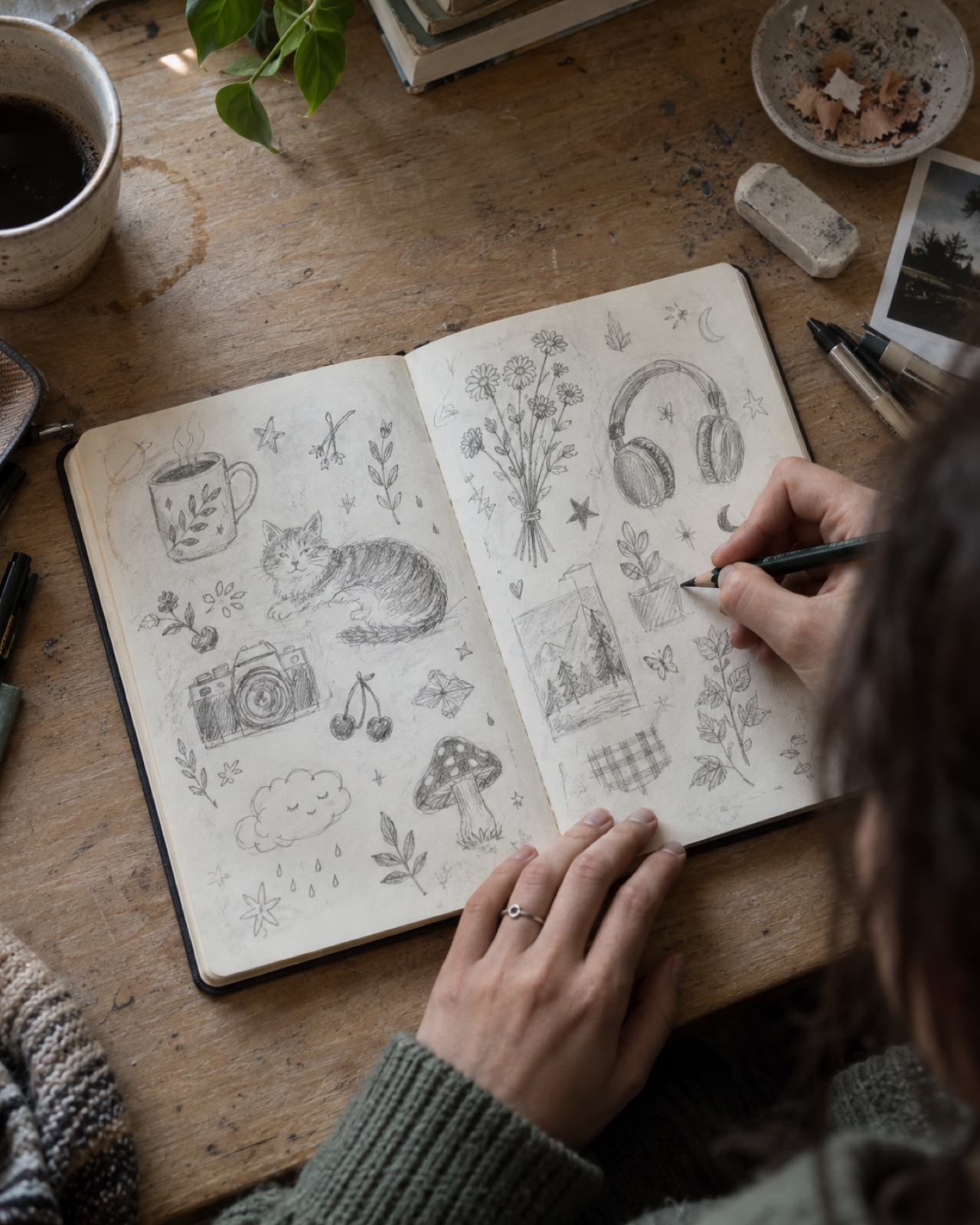 Doodle art ideas sketchbook workspace Artist drawing doodle art ideas in a sketchbook with a cat, camera, flowers, and everyday objects | Sky Rye Design Artist drawing doodle art ideas in a sketchbook with a cat, camera, flowers, and everyday objects