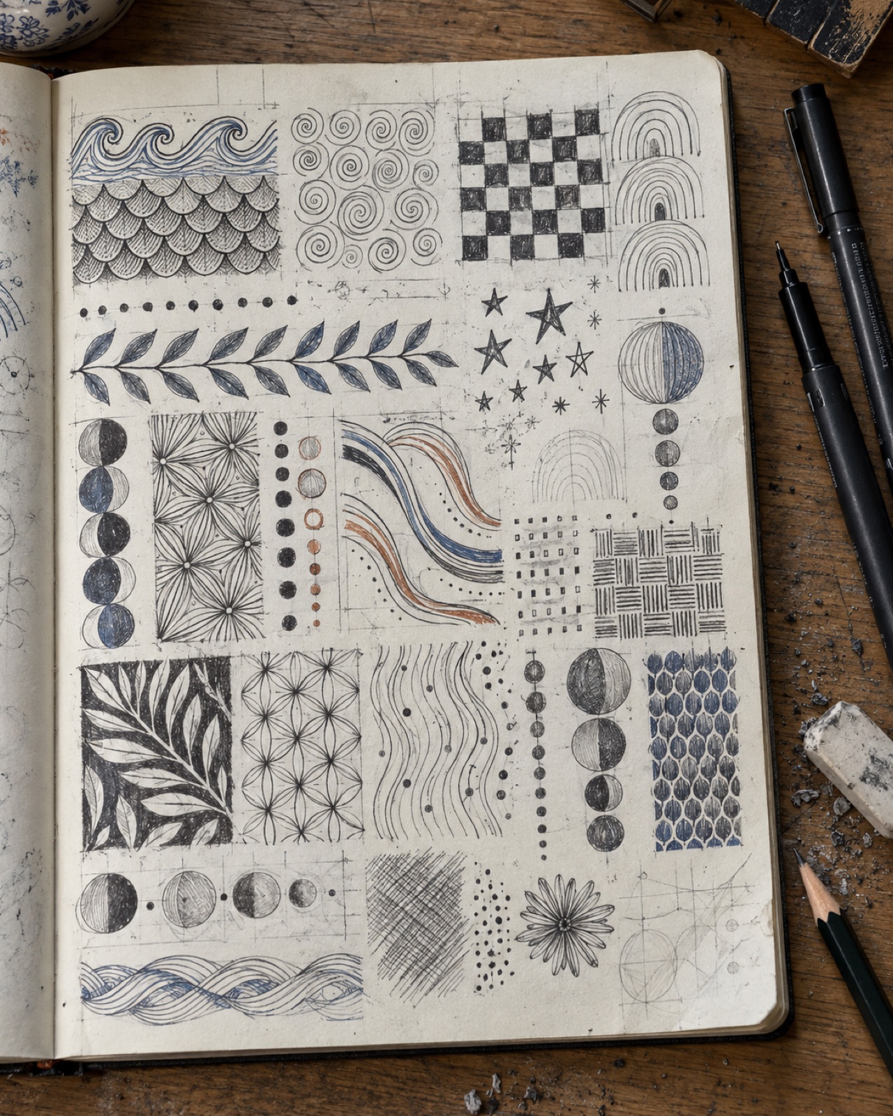 Doodle patterns and repeatable fillers Doodle pattern ideas with waves, scales, spirals, checkerboards, arches, leaves, stars, dots, and hatching | Sky Rye Design Doodle pattern ideas with waves, scales, spirals, checkerboards, arches, leaves, stars, dots, and hatching